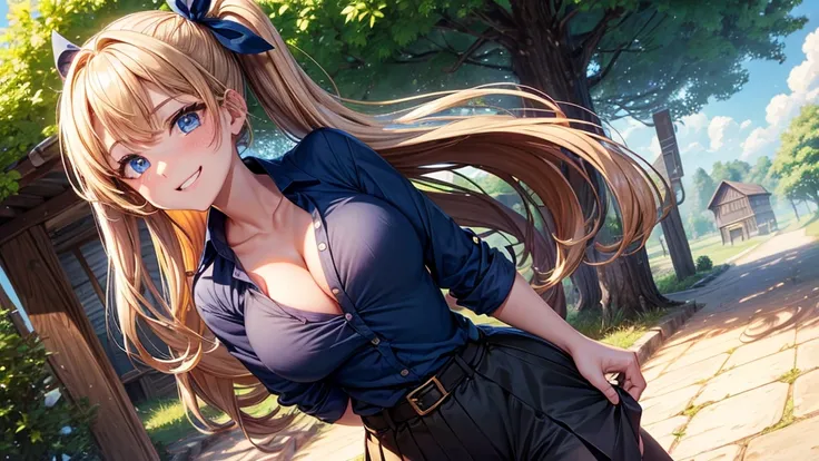 1girl, solo, summer, village, trees, sun, clouds, chestnut hair, side ponytail, large breasts, ((popping shirt buttons)), button down, unbuttoning buttons, dark blue eyes, ((dark blue shirt)), ((unbuttoned shirt)), ((short sleeved shirt)), cleavage 1:3, bl...