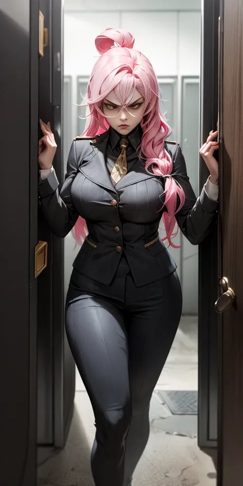 a pink-haired girl boss of the mafia,dark atmosphere,hidden weapons,high-end luxury cars,strategic meeting,secret hideout,heavy ...