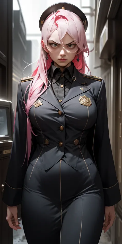 a pink-haired girl boss of the mafia,dark atmosphere,hidden weapons,high-end luxury cars,strategic meeting,secret hideout,heavy security,confident posture,determined look,fierce eyes,sleek and stylish outfit,dramatic lighting,gritty urban backdrop,intense ...