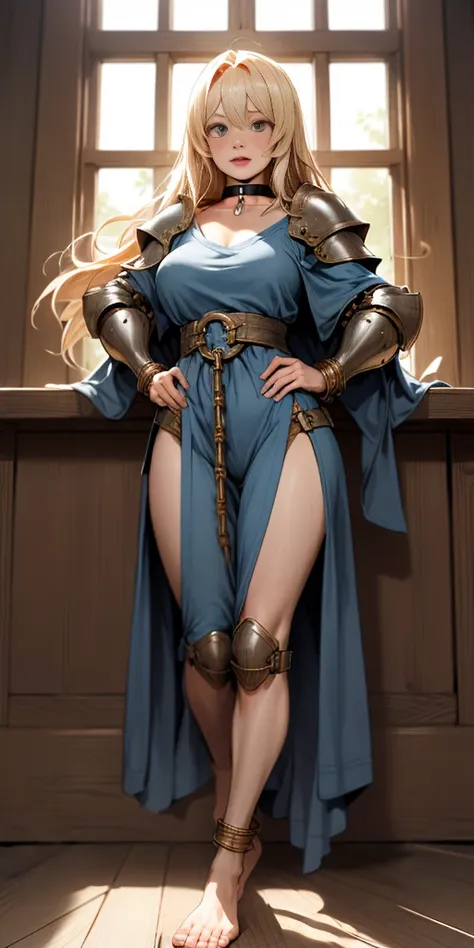 (Forrest:Face:LORA)(Curly Blonde Long Hair) full body, barefoot, solo, female, big breast, linen tunic, fantasy village, armor, Handcuffs on their hands with a collar around the neck, hands on hips, slave ((black choker, shackles on legs and arms))