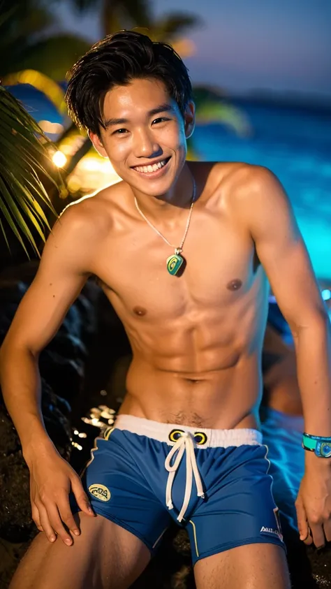 male　Age 16 Lifesaver swimwear smiling hawaii  at night