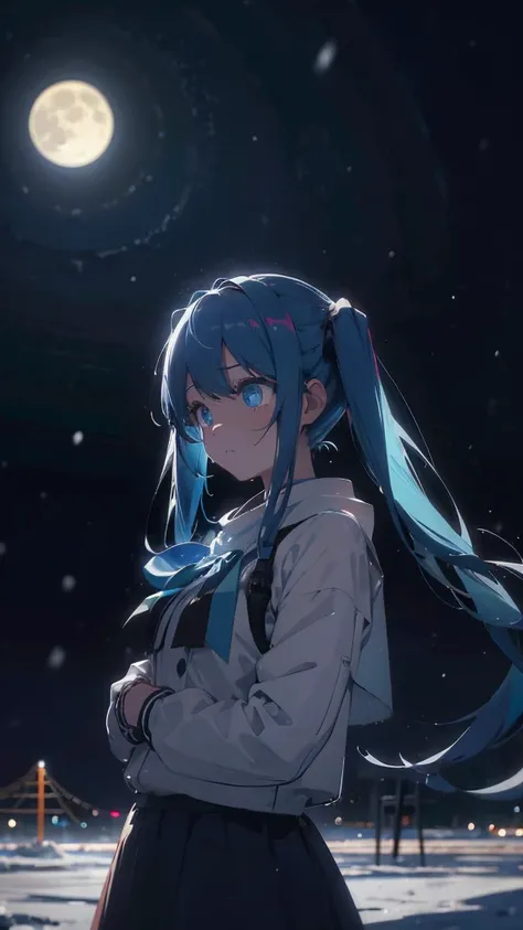 (masterpiece、highest quality)、1 girl ,Grim expression、hatsunemiku,Warm lighting、 Blurred foreground、night、High Contrast、Twin tails,blue gem eyes,Blue Hair,night,snowing,Heavy snowfall,winter,Alone in the vast snowy field,whole body,curse,Looking at me,Huge...