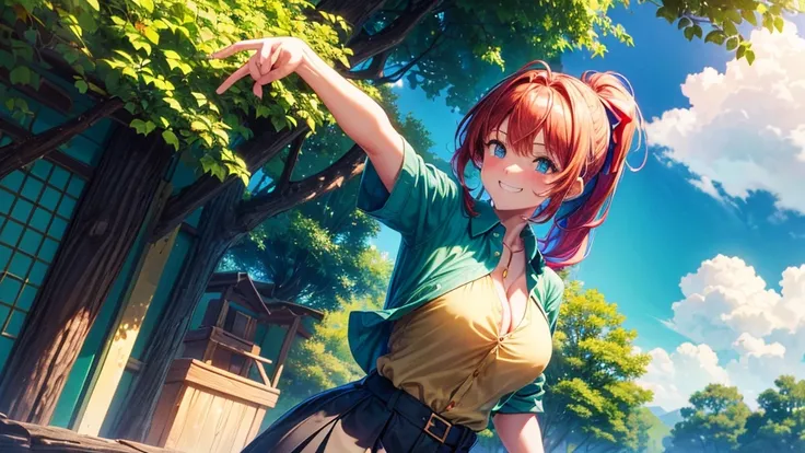 1girl, summer, village, trees, sun, clouds, ((colorful hair)), ponytail, large breasts, cleavage, button down, blue eyes, ((dark green shirt)), ((unbuttoned shirt)), unbuttoning buttons, ((short sleeved shirt)), mini skirt, brown shoes, grin, looking at th...