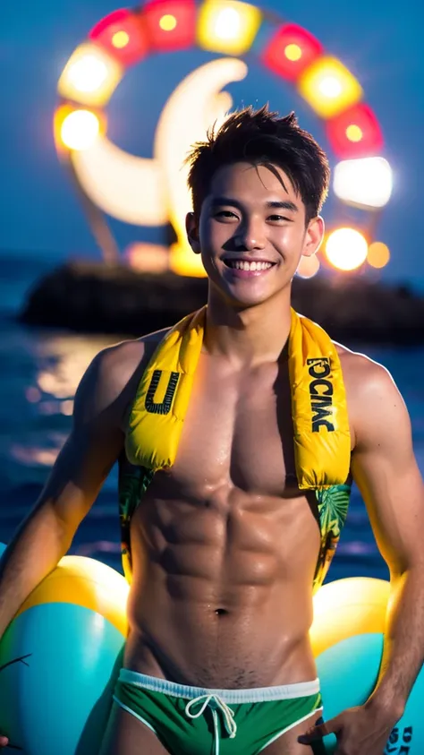 male　Age 25 Lifesaver swimwear smiling hawaii  at night