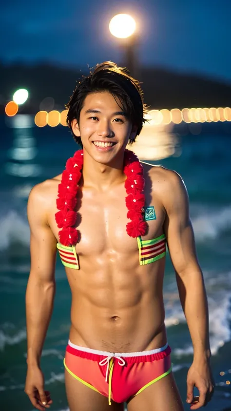 male　Age 25 Lifesaver swimwear smiling hawaii  at night