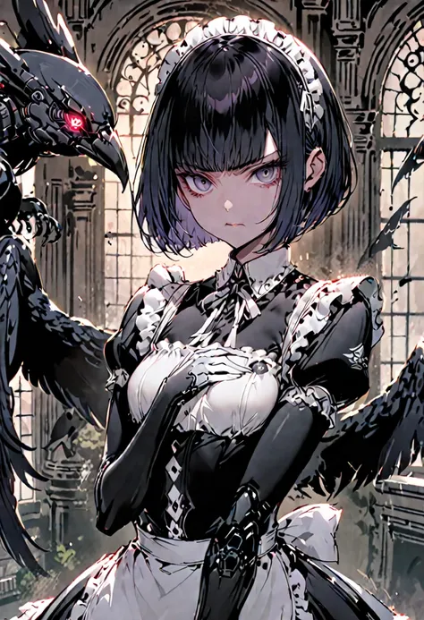 solo, female, sfw, medium shot, lithe, small breasts, bob cut hair, raven hair, robot, maid, elegant, mansion, maid gesture, serious