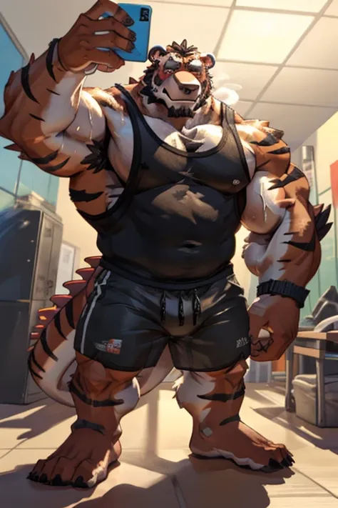 (best quality,highres,ultra-detailed,realistic),(concept artists:1.2),portrait,red scaley dragon,(sweaty:1.1) bara,(giant,imposing:1.1) size,hairy chest,hairy armpit,nipple piercing,(sweaty,shiny:1.1) feet,feet cam,gym locker room mirror,showing off,(moder...