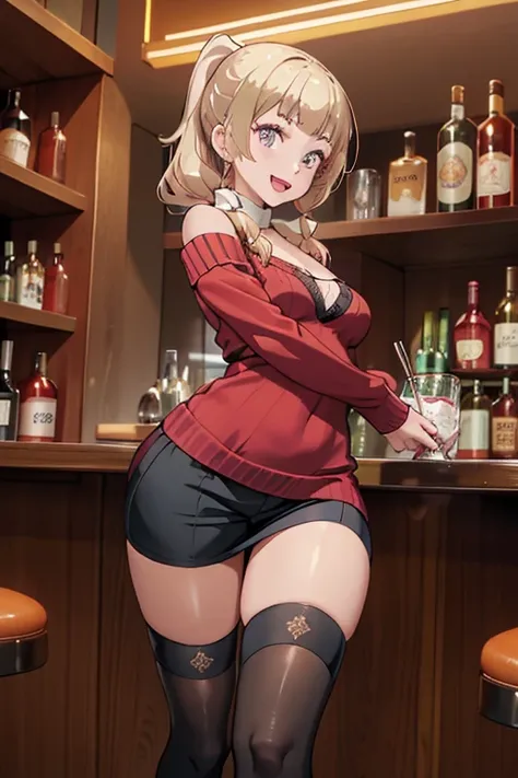 (from below:1.2),(from side:0.9), ((Face)), (Close-Up:0.4), masterpiece,"A 26-year-old girl stands at a bar counter. She is dressed in a stylish. small breast: 1.3  off-shoulder dress, sweater dress, off-shoulder sweater, red sweater,garter stocking, cleav...