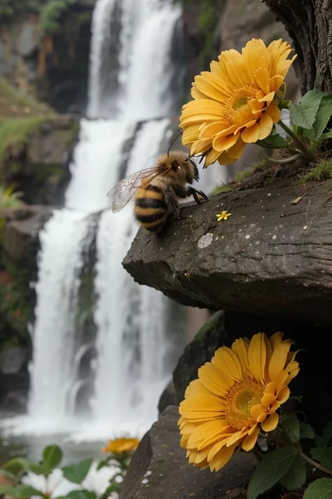 A little bee surrounded by flowers and a waterfall of honey