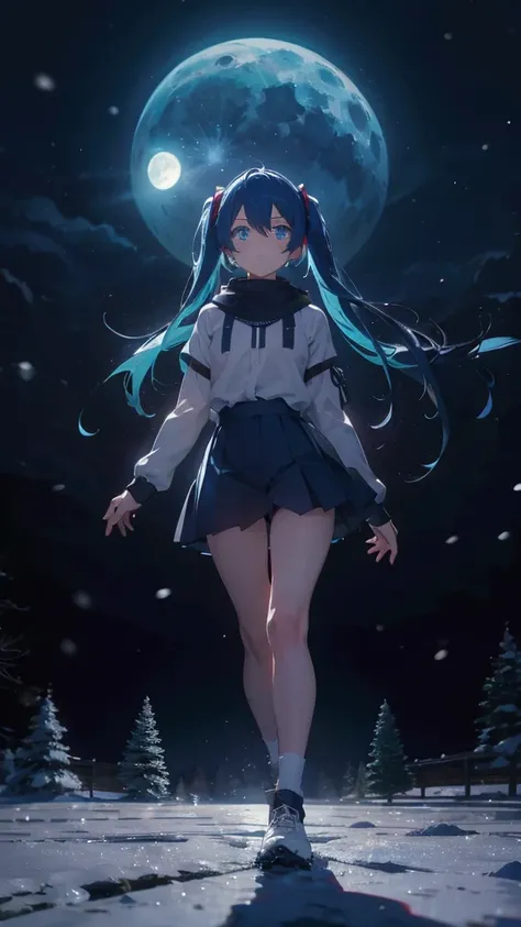 (masterpiece、highest quality)、1 girl ,Grim expression、hatsunemiku,Warm lighting、 Blurred foreground、night、High Contrast、Twin tails,blue gem eyes,Blue Hair,night,snowing,Heavy snowfall,winter,Alone in the vast snowy field,whole body,curse,Looking at me,Huge...