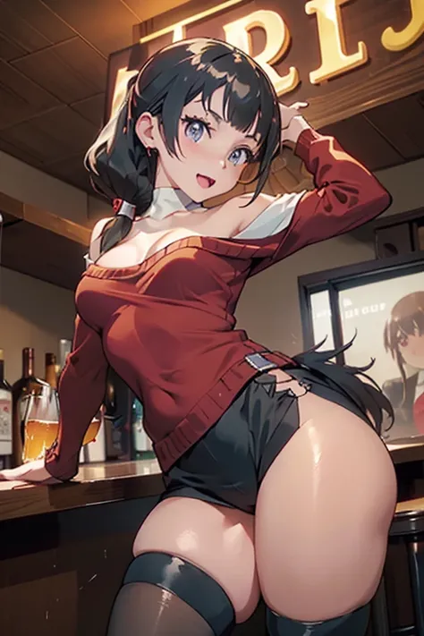 (from below:1.2),(from side:0.9), ((Face)), (Close-Up:0.4), masterpiece,"A 26-year-old girl stands at a bar counter. She is dressed in a stylish. small breast: 1.3  off-shoulder dress, sweater dress, off-shoulder sweater, red sweater,garter stocking, cleav...