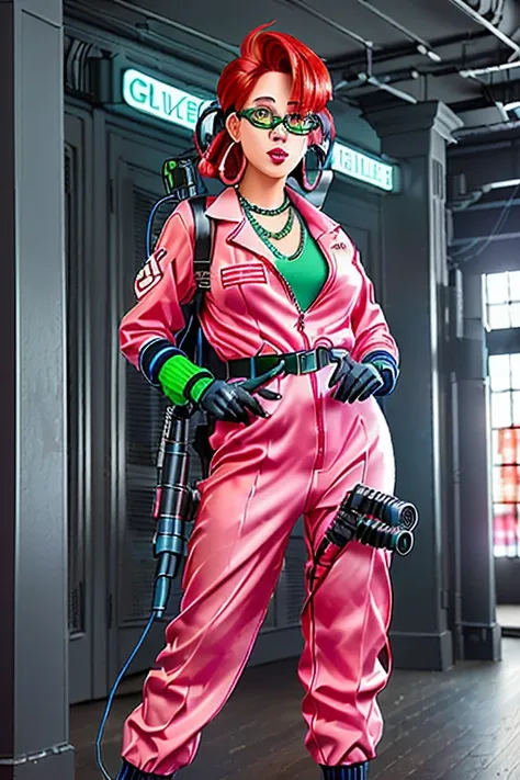 photorealistic janine standing in NY city street, red hair, green frame glasses, (sky_blue eyeshadow:1.1), glossy pink lipstick, a blue necklace, blue straight tube earrings, small breasts, Ghostbusters jumpsuit uniform, Ghostbusters_Logo patch on the arm,...