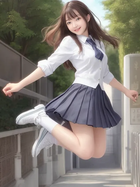 Photo-realistic quality、High school student in uniform and sneakers jumping into the air in the park２０Images of old women, Japanese girl in grey uniform, Japanese School Uniform,  Wearing a skirt and white socks, Beautiful school girl, cute ,  wearing Japa...