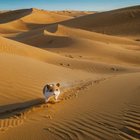 Roborovski hamster running on sand dunes。