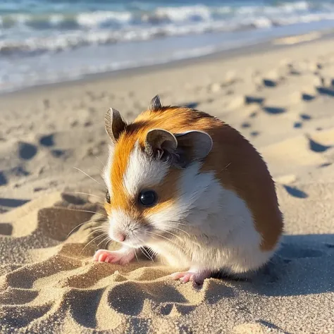 Roborovski hamster taking a nap on the sand。
