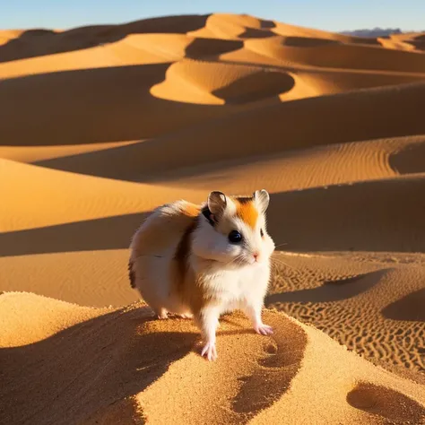 Roborovski hamster posing with a desert landscape as background。


