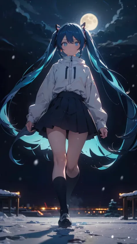 (masterpiece、highest quality)、1 girl ,Grim expression、hatsunemiku,Warm lighting、 Blurred foreground、night、High Contrast、Twin tails,blue gem eyes,Blue Hair,night,snowing,Heavy snowfall,winter,Alone in the vast snowy field,whole body,curse,Looking at me,Huge...