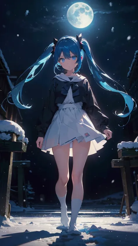 (masterpiece、highest quality)、1 girl ,Grim expression、hatsunemiku,Warm lighting、 Blurred foreground、night、High Contrast、Twin tails,blue gem eyes,Blue Hair,night,snowing,Heavy snowfall,winter,Alone in the vast snowy field,whole body,curse,Looking at me,Huge...