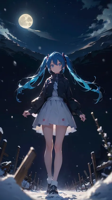 (masterpiece、highest quality)、1 girl ,Grim expression、hatsunemiku,Warm lighting、 Blurred foreground、night、High Contrast、Twin tails,blue gem eyes,Blue Hair,night,snowing,Heavy snowfall,winter,Alone in the vast snowy field,whole body,curse,Looking at me,Huge...