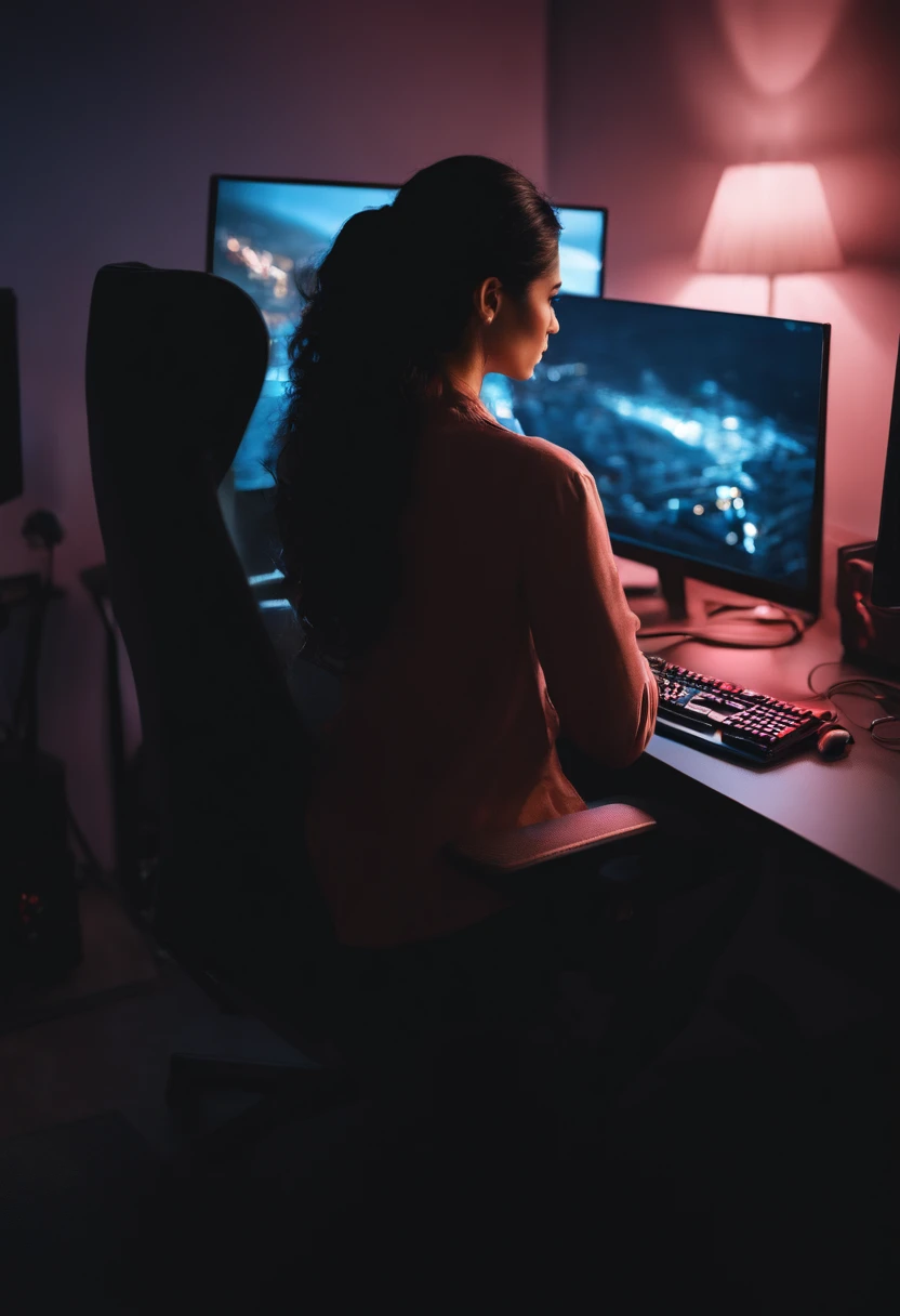 Generate image of a PC and a girl from Behind working on a this pc do not show girl face  she is doing pc work on the computer while sitting on a gaming chair and sje had black hair