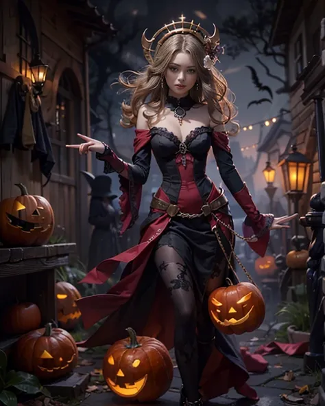 highest quality, masterpiece, Attention to detail, Intricate details, Realistic, Mysterious Halloween woman with bright expression, Spooky atmosphere