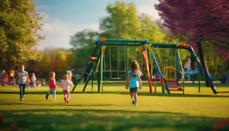 Children walking in the park、Parents taking photos of their children、1girl、playground equipment in the background