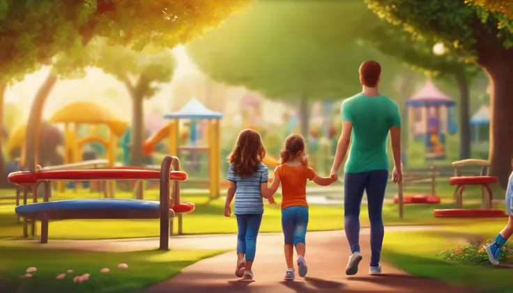 Children walking in the park、Parents taking photos of their children、1girl、playground equipment in the background