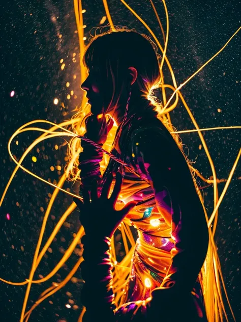 1 Female,,Cosmic,Long Hair,Bright colors,Particles of light,Musif,Wallpaper Art,UHD Wallpaper,performer,Milky Way,(silhouette:1.3),Streaks of Light,Abstract,(shibari:1.3),bondage,Shining rope,ink,