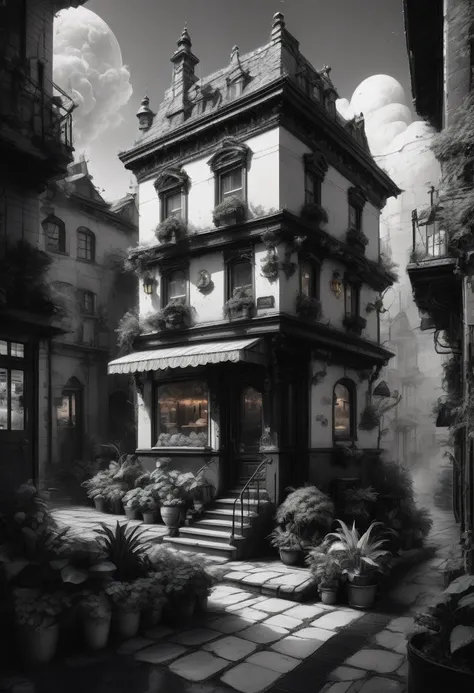 best quality, ultra-detailed, black and white, monochrome, contrasting shades, high contrast ,grayscale, aesthetic, Black and white whimsical bakery, detailed matte painting, deep color, fantastical, intricate detail, splash screen, complementary colors, f...