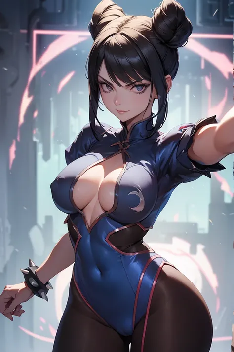 melhor qualidade,roupa azul,juri han,solo, masterpiece, best quality, agrias, grey sweater, black leotard, standing, looking at viewer, short hair,oculos,evil smile, evil look,luvas preta,roupa azul,yandere rosto,low lighting,coxa sarada copo detalhado,olh...