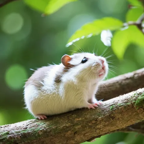 Hamster gnawing on a tree branch