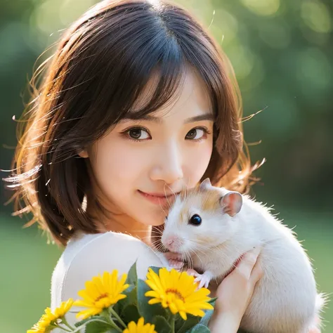 A hamster is photographed with flowers