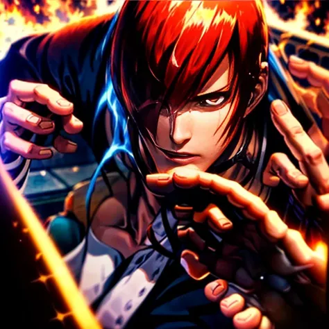 One hand is held like a cat、(Perfect details,masterpiece, Good details),(良い照明  Perfect details, Perfect eye details, Perfect anatomy details,(Iori Yagami, King of Fighters,), Iori Yagami, KOF,(original design：Yagami-an,),A perfect move with no mistakes, エラ...