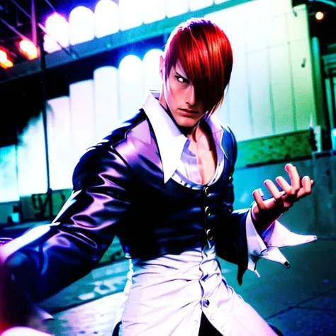 One hand is held like a cat、(Perfect details,masterpiece, Good details),(良い照明 Perfect details, Perfect eye details, Perfect anatomy details,(Iori Yagami, King of Fighters,), Iori Yagami, KOF,(original design：Yagami-an,),A perfect move with no mistakes, エラー...