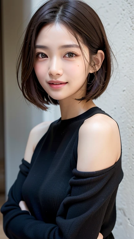 (((close-up of face)))、(((absolutely shoulder-length brown straight short bob)))、(((she is posing like a hair salon model, with ...