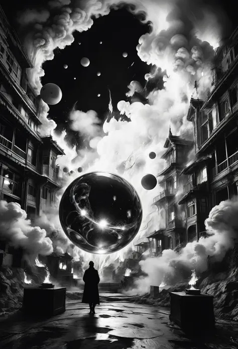 best quality, ultra-detailed, black and white, monochrome, contrasting shades, high contrast ,grayscale, aesthetic, Goodness gracious, great balls of fire Epic cinematic brilliant stunning intricate meticulously detailed dramatic atmospheric maximalist dig...