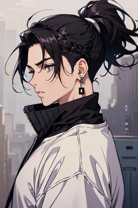 anime man gradient young black hair with shaved ponytail on the sides serious with black earrings sweatshirt