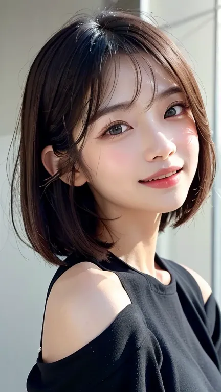 (((close-up of face)))、(((absolutely shoulder-length brown straight short bob)))、(((she is posing like a hair salon model, with ...