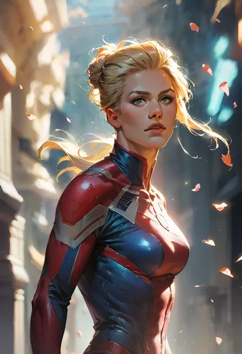 score_9, score_8_up, score_7_up, score_6_up, score_5_up, (high quality, detailed, beautiful), detailed soft lighting, rating_safe, 1girl, (Sue Storm:1.1), blonde, walking in a romantic location, wearing her Fantastic Four suit.