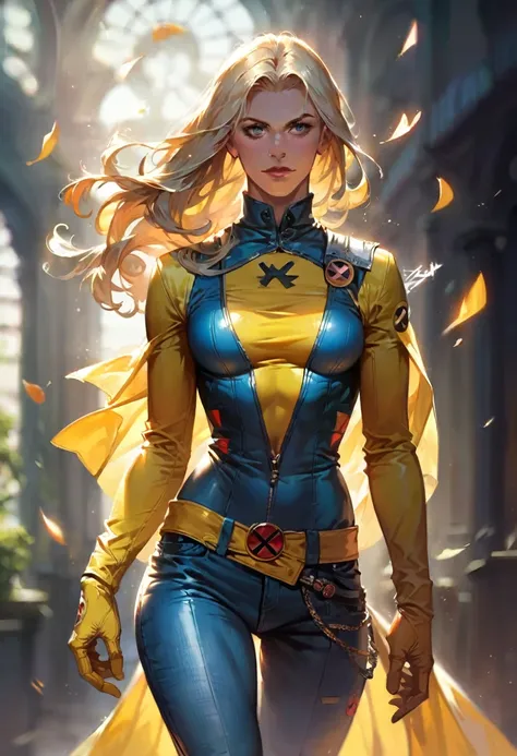 score_9, score_8_up, score_7_up, score_6_up, score_5_up, (high quality, detailed, beautiful), detailed soft lighting, rating_safe, 1girl, (Jean Grey:1.1), blonde, walking in a romantic location, wearing her X-Men Evolution suit.