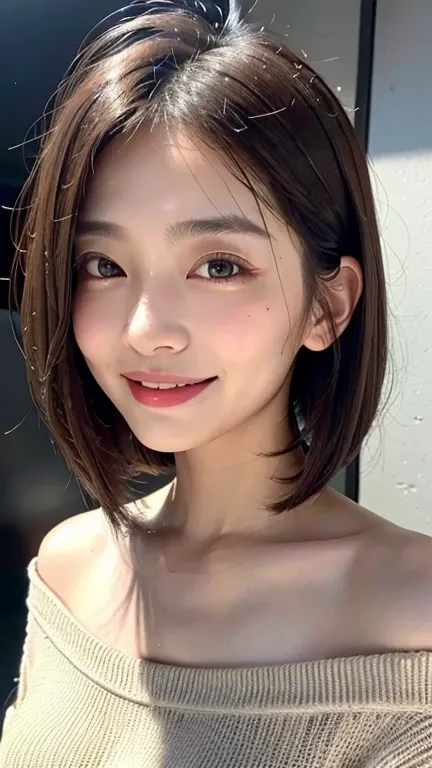 (((close-up of face)))、(((absolutely shoulder-length brown straight short bob)))、(((she is posing like a hair salon model, with ...