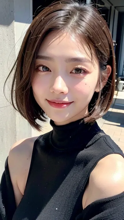 (((close-up of face)))、(((absolutely shoulder-length brown straight short bob)))、(((she is posing like a hair salon model, with ...