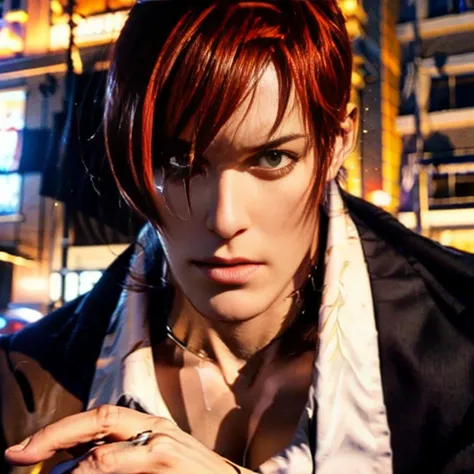 One hand is held like a cat、(Perfect details,masterpiece, Good details),(良い照明 Perfect details, Perfect eye details, Perfect anatomy details,(Iori Yagami, King of Fighters,), Iori Yagami, KOF,(original design：Yagami-an,),A perfect move with no mistakes, エラー...