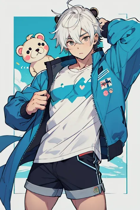 Hombre joven, cabello blanco, ojos azules, camisa sin mangas, shorts, Kawaii, con Hair clips en la cabeza, orejas de oso polar 