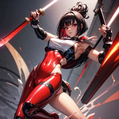 solo girl,Glossy metalic light silver tank top, tight latex shiny, Red interpolation color,Black hair bob,red eyes, camel toe, Samurai Sword,
Lift one leg,