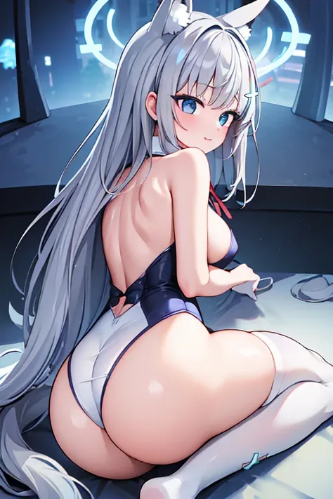 shiroko_bluearchive,slim, big breasts,(young :1.3),White兔女郎,Long hair,ass up wait,White rabbit tail,expose her nipples,white rabbit ears,white lace bunny suit,Off-shoulder,Bare shoulders,sleeveless,red ribbon tie,White渔网袜,Nightclub,White light,light and sh...