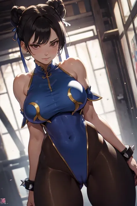 chun li,,visto de cima,olhando para cima cima,olhando para cima,melhor qualidade,roupa azul,chun li,solo, masterpiece, best quality, agrias, grey sweater, black leotard, standing, looking at viewer, short hair,oculos,evil smile, evil look,luvas preta,roupa...