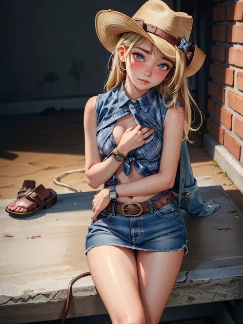 (((1 person:2.0))),(((Cowgirl Costume))),(((Slim body 1.5))),(((Small Ass))),(((Denim mini skirt))),(((Wear a western hat))),(((Wear one belt))),(((He is wearing a sleeveless collared shirt, Plaid, front tie shirt.))),(((Wearing an accurate watch))),(((San...