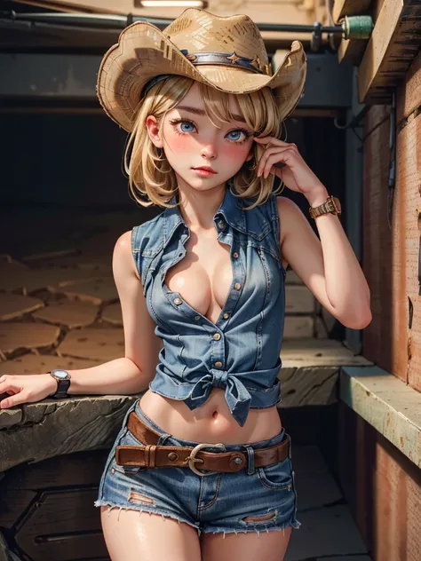 (((1 person:2.0))),(((Cowgirl Costume))),(((Slim body 1.5))),(((Small Ass))),(((Denim mini skirt))),(((Wear a western hat))),(((Wear one belt))),(((He is wearing a sleeveless collared shirt, Plaid, front tie shirt.))),(((Wearing an accurate watch))),(((San...