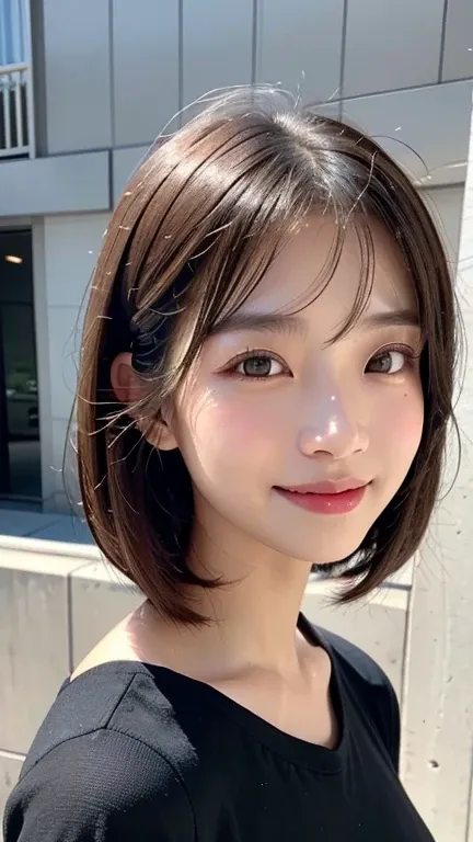 (((close-up of face)))、(((absolutely shoulder-length brown straight short bob)))、(((she is posing like a hair salon model, with ...